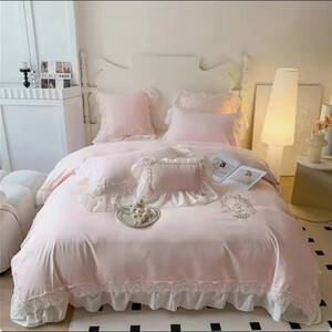 طقم مفارش سرير شيفون دانتيل رومانسي فرنسي ( 4قطع , مفرش, تلبيسة لحاف ,قطعتين غطاء مخدة) زوجي